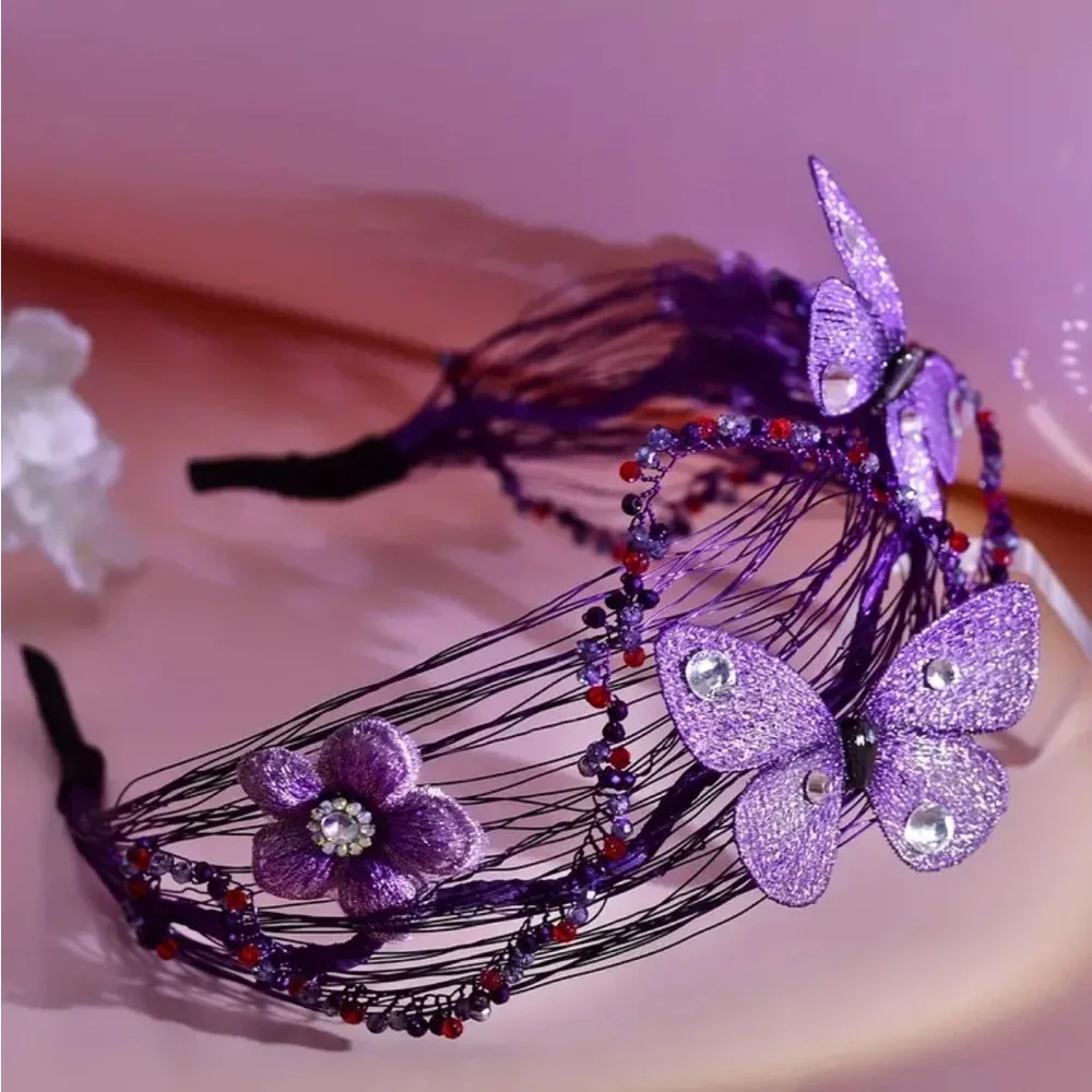 Purple Handmade Headband with Rhinestone Butterfly Accents